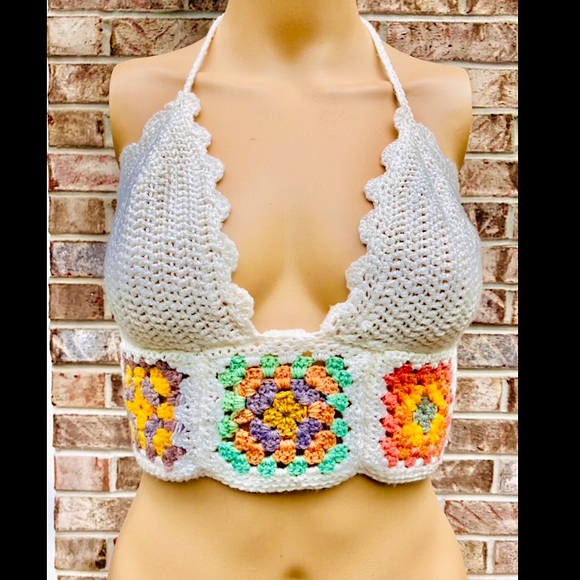 Custom Made Tops - Crochet Boho Granny Square Bralette Top